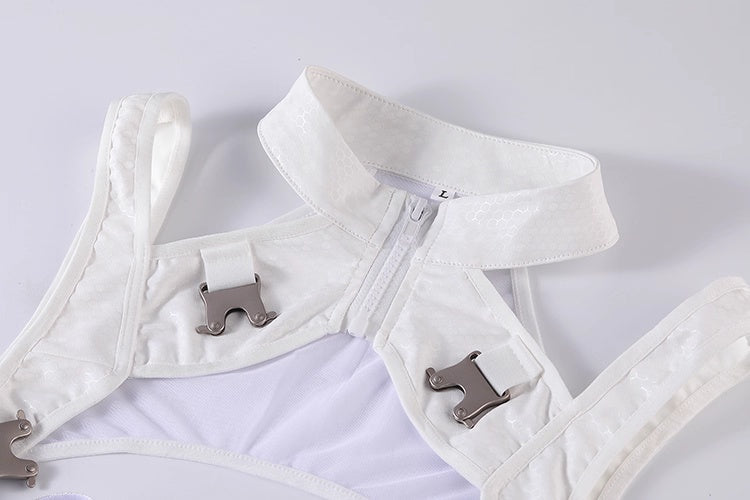 Tactical Anime Girl PU Leather Sheer Mesh Sexy Cosplay Bodysuit Costume White
