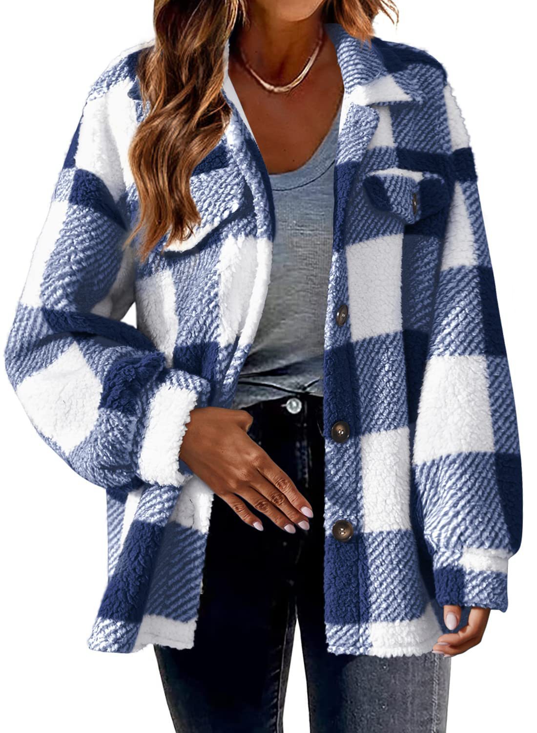 Turndown Collar Plaid Jacket With Pockets