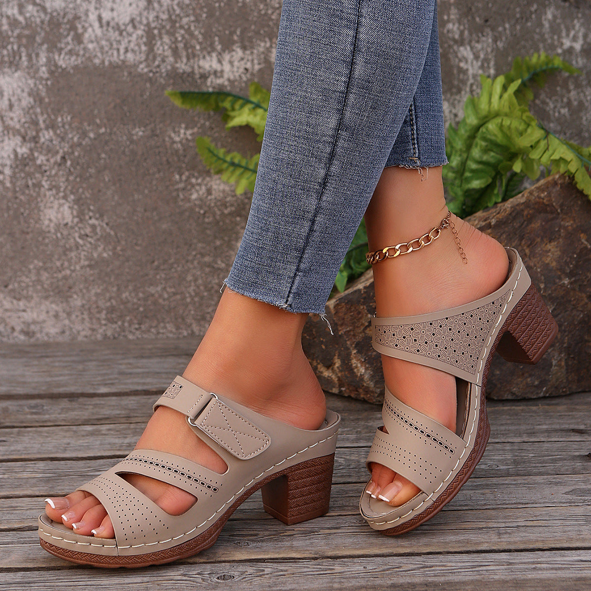 Square-heeled Peep-toe Slides Shoes Summer Casual Chunky Heel Sandals