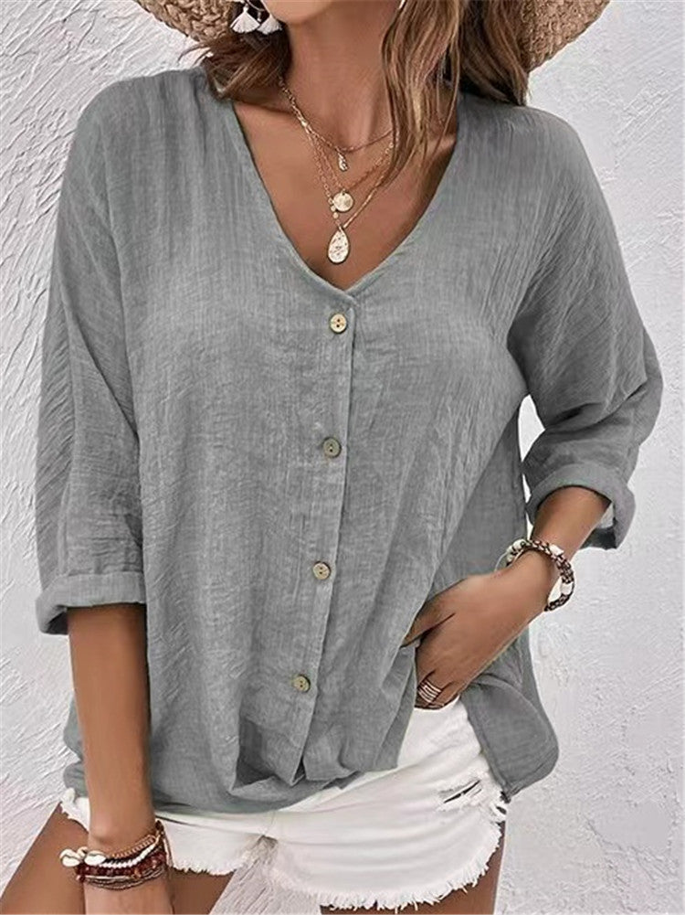 V-neck Long-sleeved T-shirt Fashion Solid Color Button Top