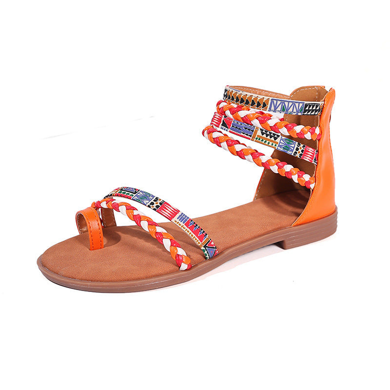 Ethnic Style Flat Sandals Summer Clip Toe Colorful Weave-straped Shoes