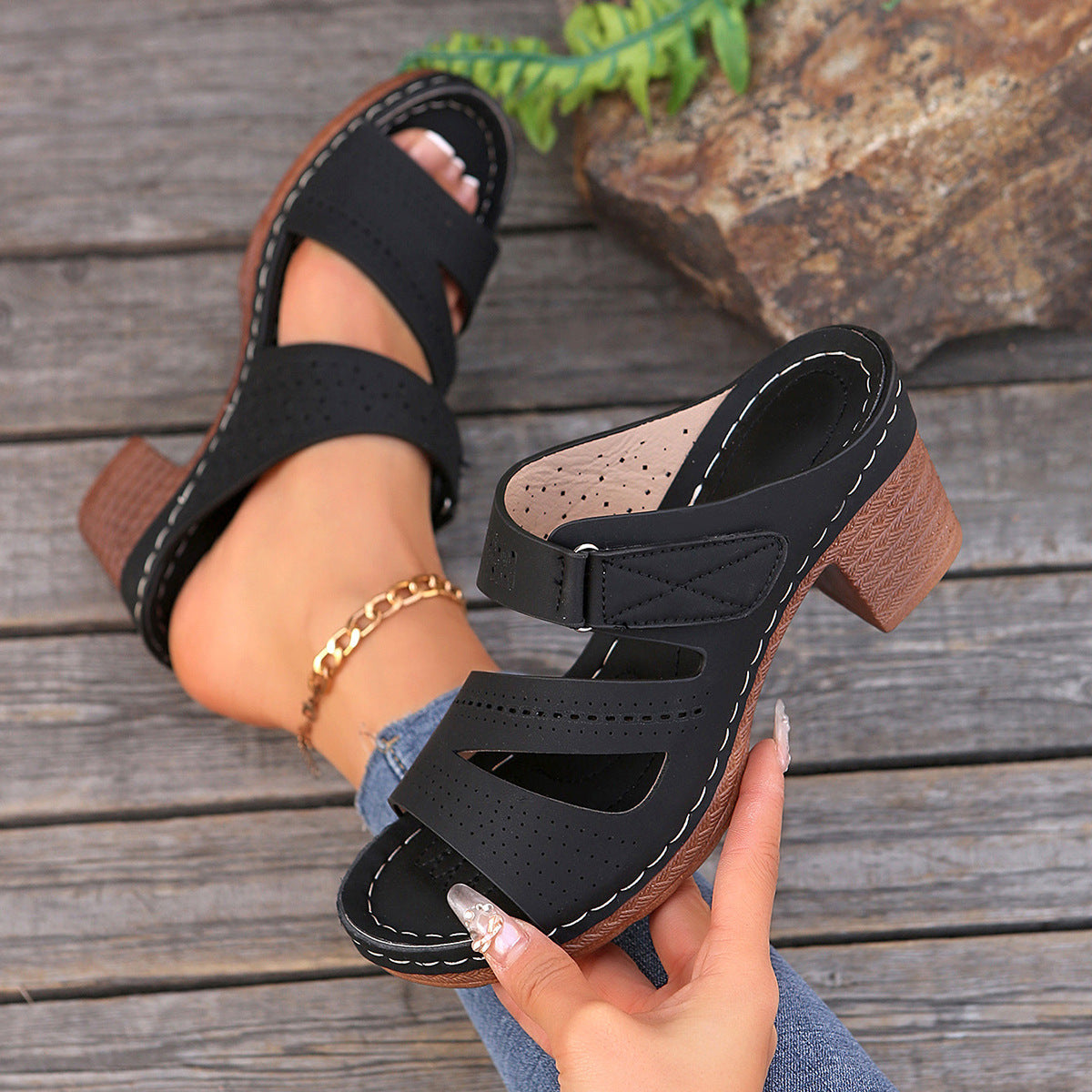 Square-heeled Peep-toe Slides Shoes Summer Casual Chunky Heel Sandals