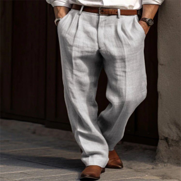 Men's Linen Trousers Double Pleated Front Pocket Straight