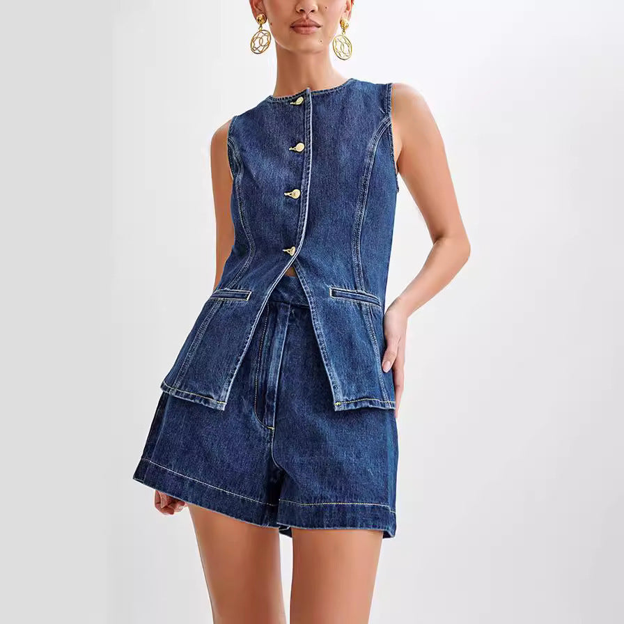 Fashion Denim Suit Summer Casual Sleeveless Button Vest Top