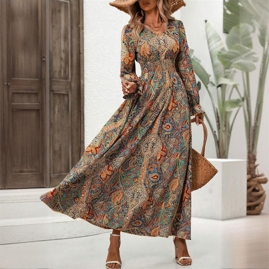 Women's V-Neck Retro Geometric Print Flounce Sleeve Dress