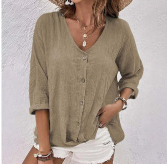 V-neck Long-sleeved T-shirt Fashion Solid Color Button Top