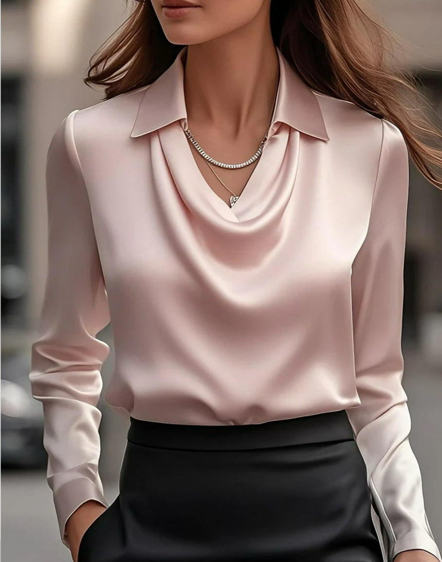 Women's Swing Collar Draped Shirts & Blouses Elegant Solid Satin Office Ladies Top