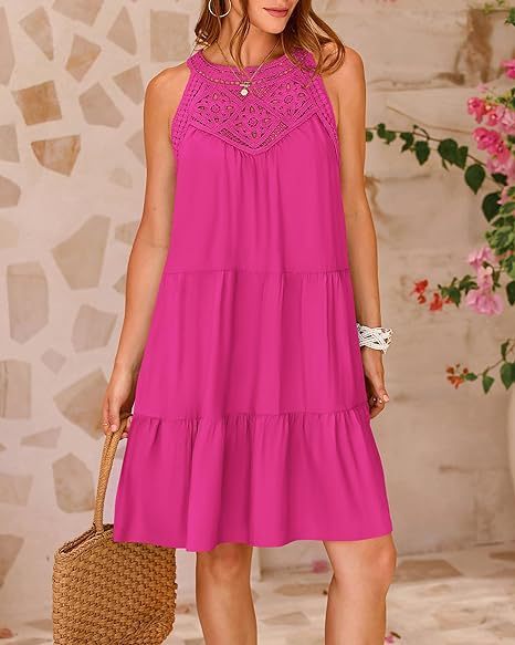 Summer Halterneck A-line Dress With Flower Hollow Lace Design