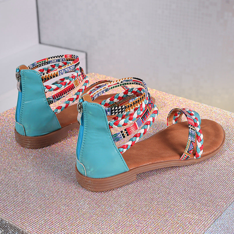 Ethnic Style Flat Sandals Summer Clip Toe Colorful Weave-straped Shoes