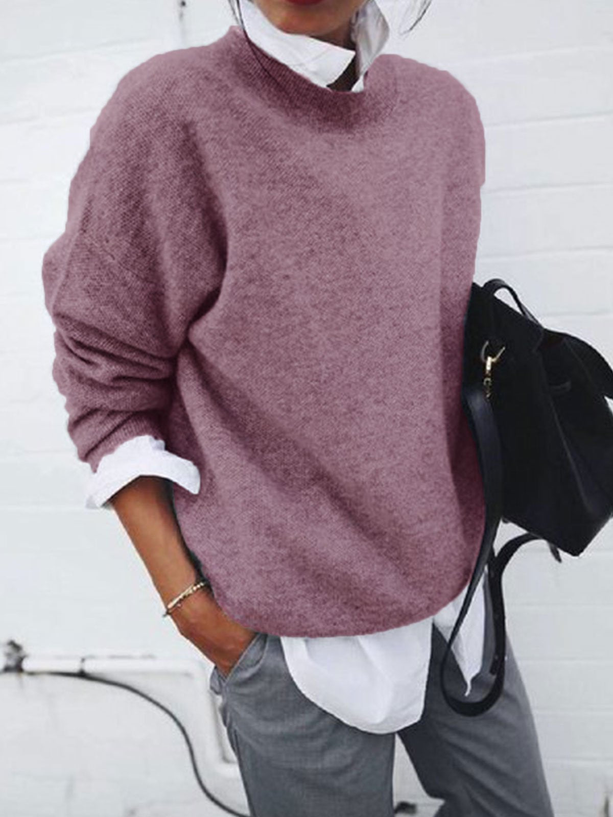 Fashion Long Sleeve Pullover Sweater Fall And Winter Fashion Solid Color Knitted Tops