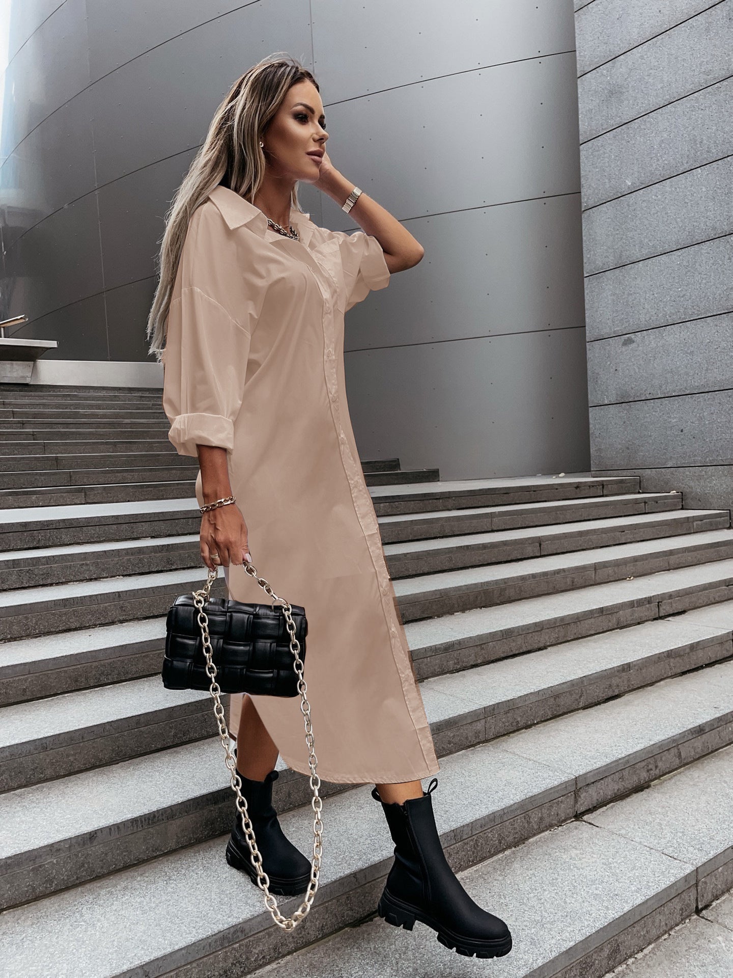 Autumn Fashionable With Side-slit Loose Casual Solid Color Shirt Dress