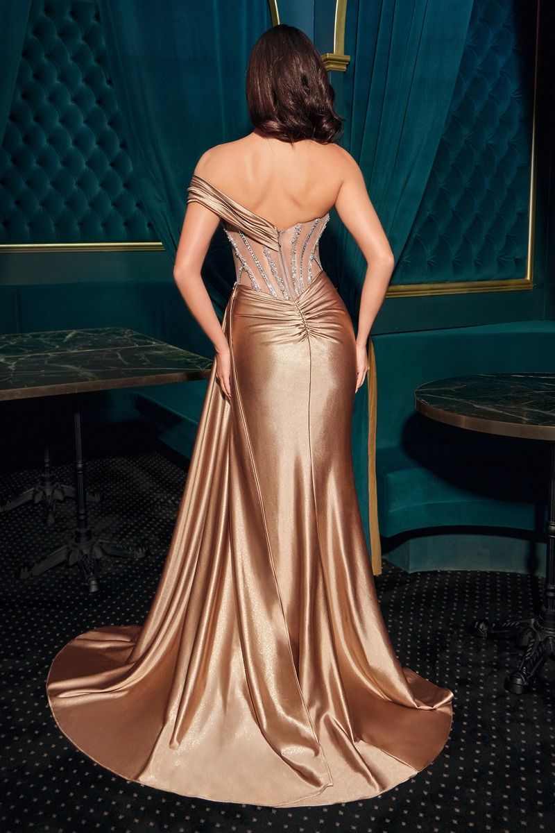 One off-the-shoulder sweetheart and Satin stretch