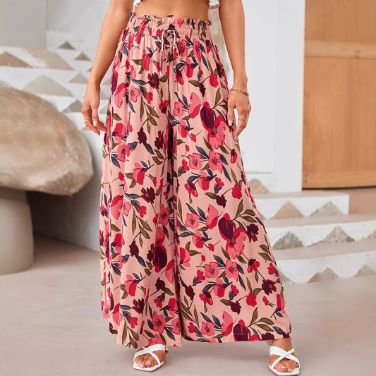 Flowers Printed Wide-leg Trousers Summer Casual Straight Pants