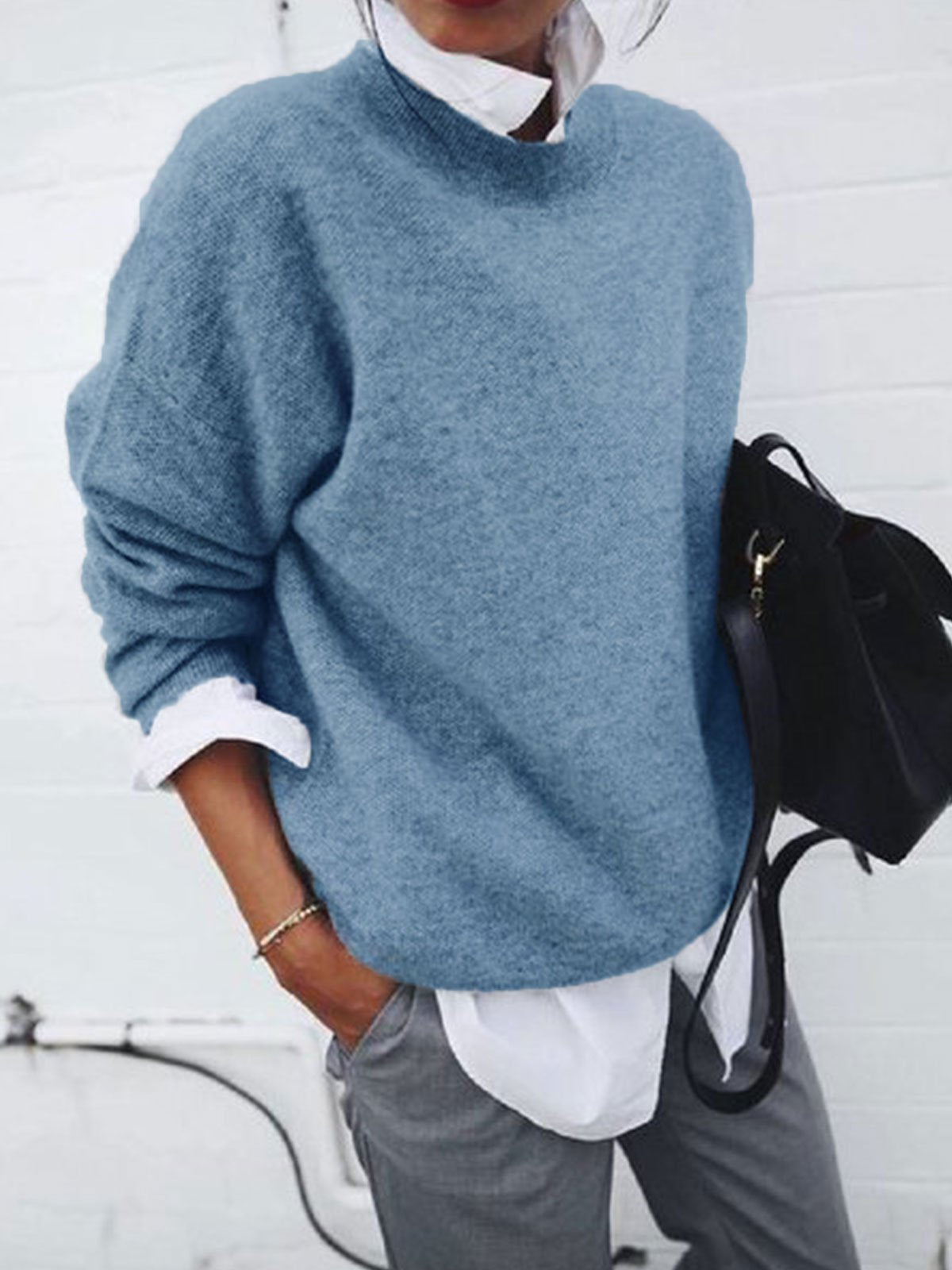 Fashion Long Sleeve Pullover Sweater Fall And Winter Fashion Solid Color Knitted Tops