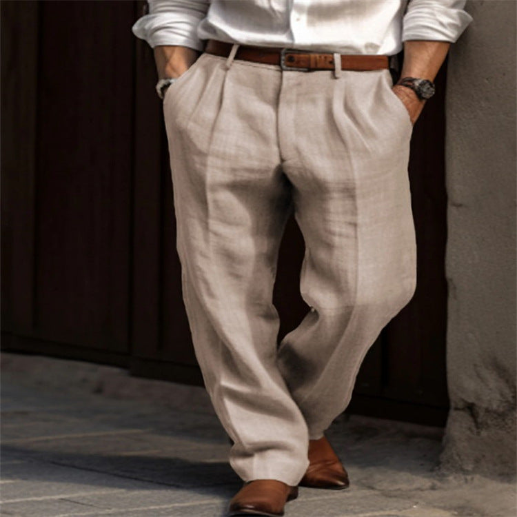 Men's Linen Trousers Double Pleated Front Pocket Straight