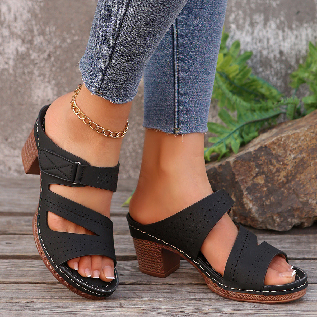 Square-heeled Peep-toe Slides Shoes Summer Casual Chunky Heel Sandals