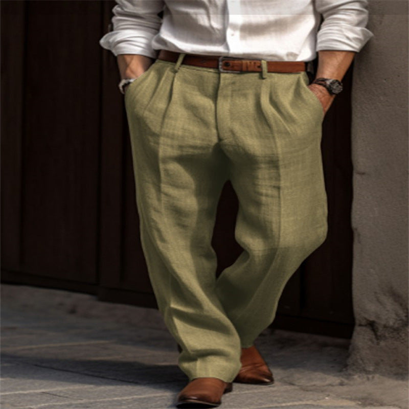 Men's Linen Trousers Double Pleated Front Pocket Straight
