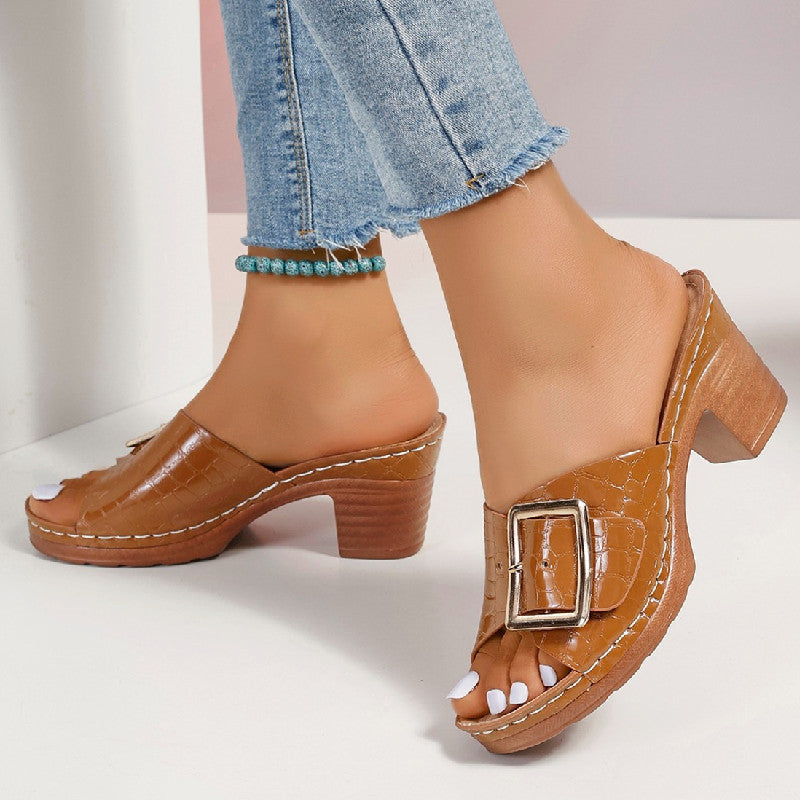 Fashion Crocodile-textured Buckle Sandals Square Chunky Heel