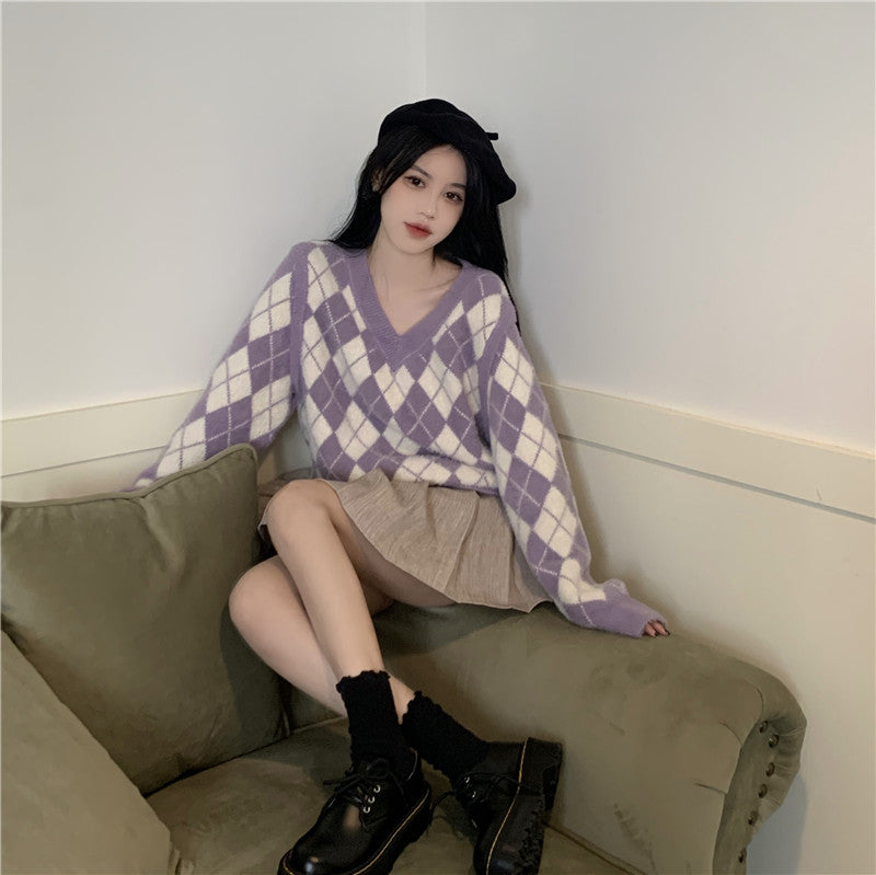 Women's Niche Top Retro Japanese V-neck Plaid Sweater