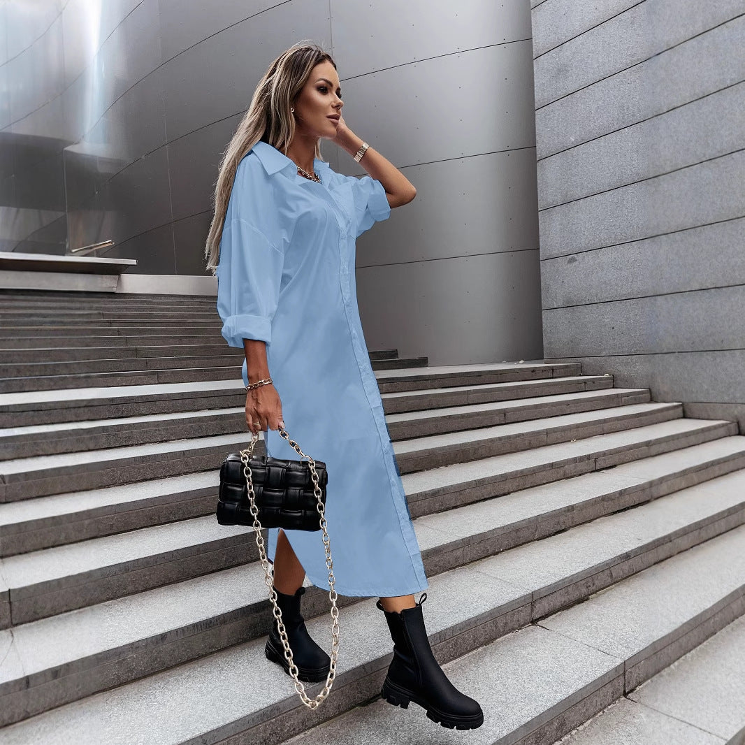Autumn Fashionable With Side-slit Loose Casual Solid Color Shirt Dress