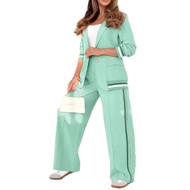 Fashion Solid Color Rib Temperament Commute 2-piece Set Suit