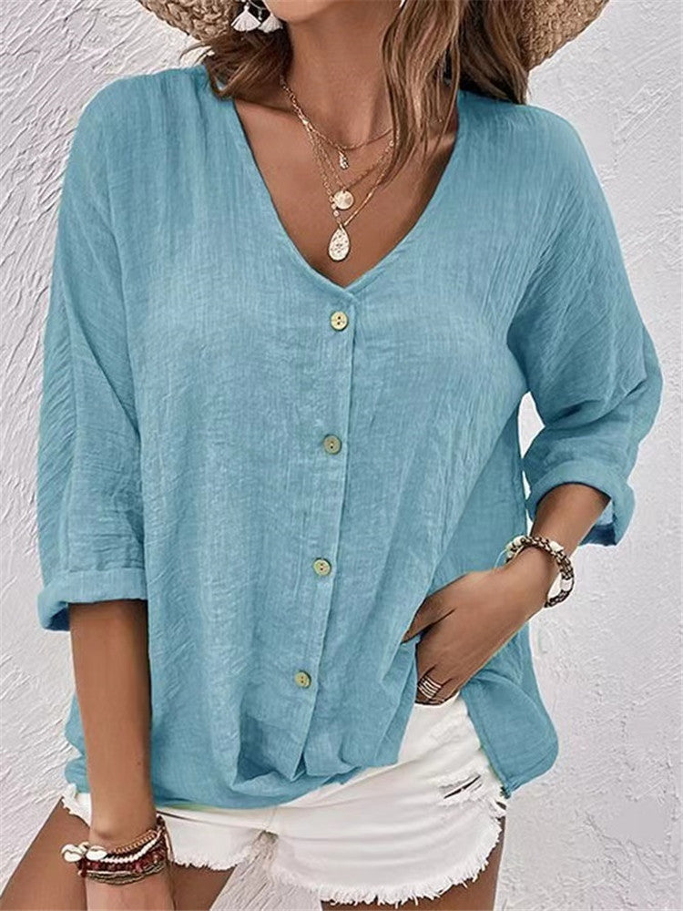 V-neck Long-sleeved T-shirt Fashion Solid Color Button Top