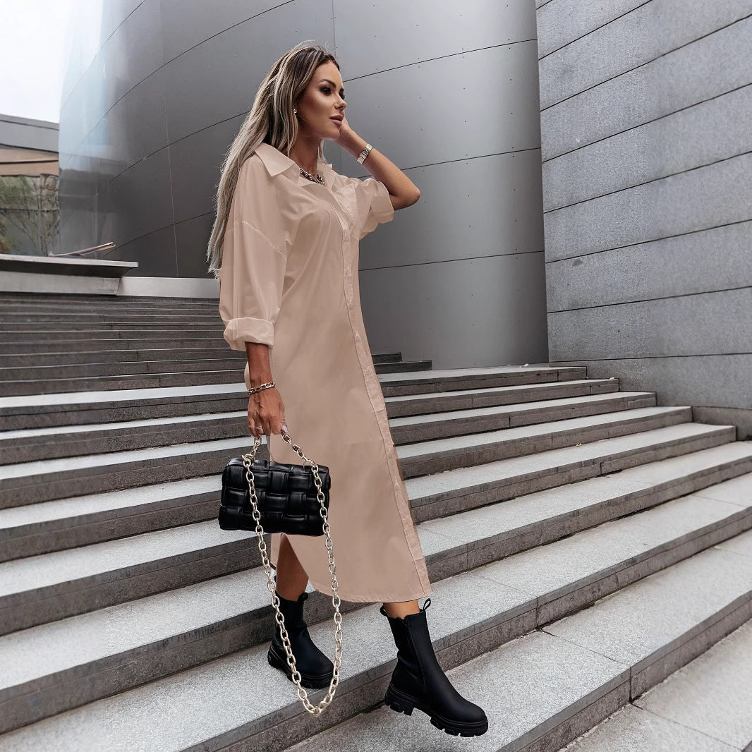 Autumn Fashionable With Side-slit Loose Casual Solid Color Shirt Dress
