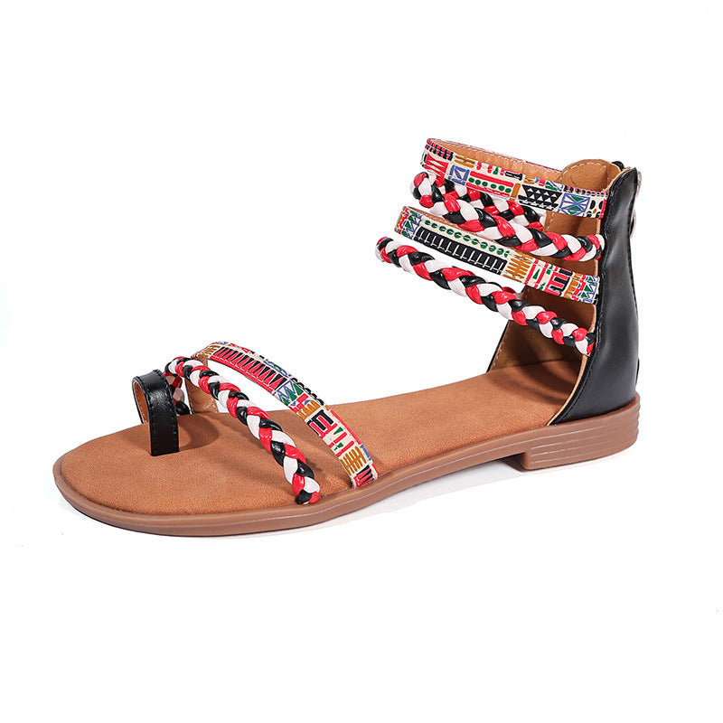 Ethnic Style Flat Sandals Summer Clip Toe Colorful Weave-straped Shoes