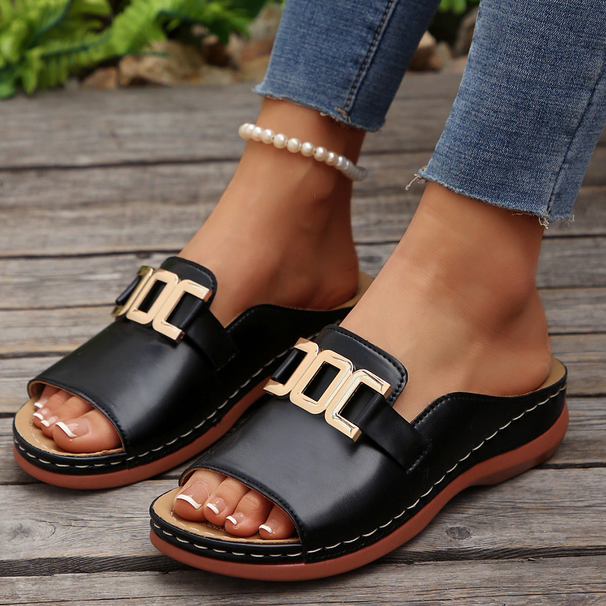 Ins Chain Wedges Sandals Summer Fashion Platform Peep-toed Slides Slippers