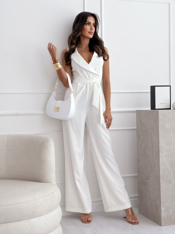 V-neck Sleeveless Jumpsuit With Belt Design