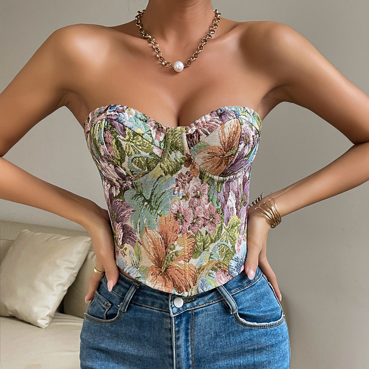 Y2K Floral Print Tube Vest Top With Back-tied Design