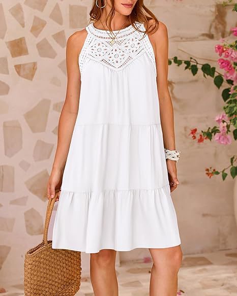 Summer Halterneck A-line Dress With Flower Hollow Lace Design