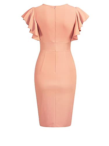 Knitee Women's Deep-V Neck Ruffle Sleeves Cocktail Party Pencil Slit Formal Dress (A-Black, Small)