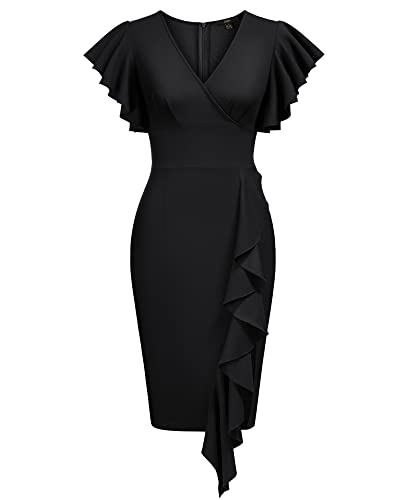 Knitee Women's Deep-V Neck Ruffle Sleeves Cocktail Party Pencil Slit Formal Dress (A-Black, Small)