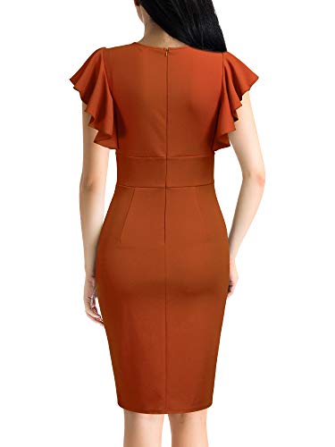 Knitee Women's Deep-V Neck Ruffle Sleeves Cocktail Party Pencil Slit Formal Dress (A-Black, Small)