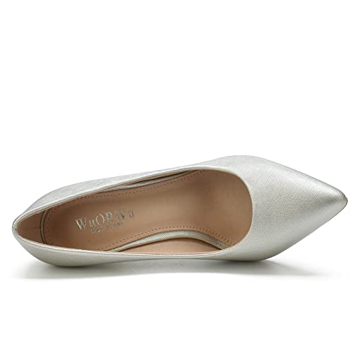 WuORWu Women's Closed Pointed Toe Classic Dress Shoes Silver Heel Pumps (Silver 8)