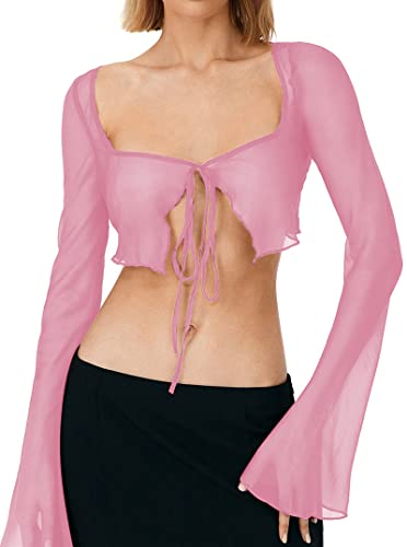 Remidoo Women's Sexy Sheer Mesh Tie Front Crop Top Long Sleeve See Through Cardigan Cover Up Shirt Hot Pink Large