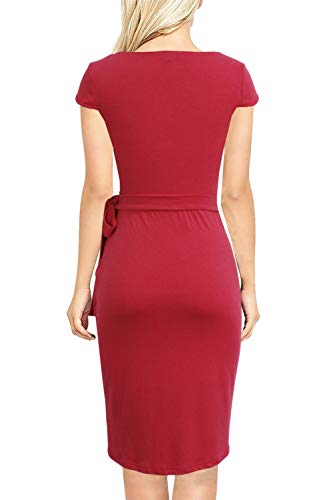 Liyinxi Women's Elegant Short Sleeves Knee Length Sheath Summer Bodycon Birthday Party Green Faux Wrap Dress (S, L8022-Green)