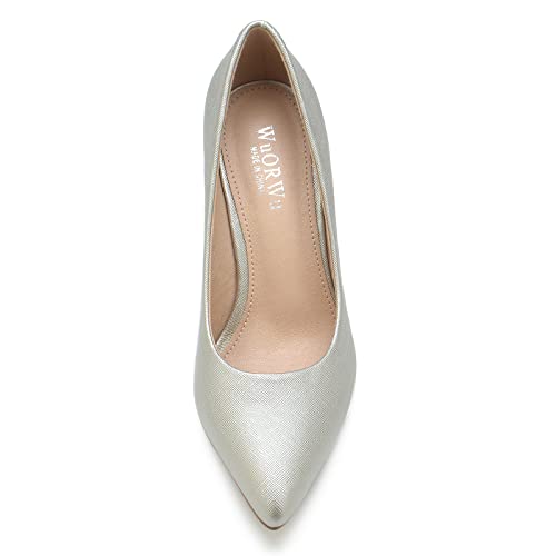WuORWu Women's Closed Pointed Toe Classic Dress Shoes Silver Heel Pumps (Silver 8)