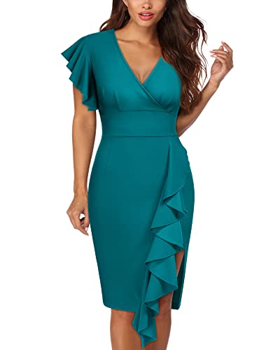 Knitee Women's Deep-V Neck Ruffle Sleeves Cocktail Party Pencil Slit Formal Dress (A-Black, Small)