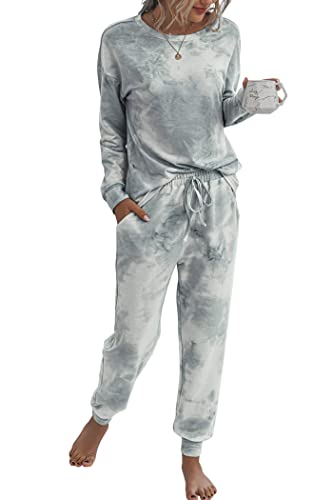 PRETTYGARDEN Women's Tie Dye Two Piece Tracksuit Set Long Sleeve Sweatshirt with Long Pants (Grey,X-Large)