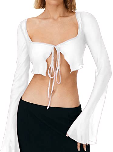 Remidoo Women's Sexy Sheer Mesh Tie Front Crop Top Long Sleeve See Through Cardigan Cover Up Shirt Hot Pink Large