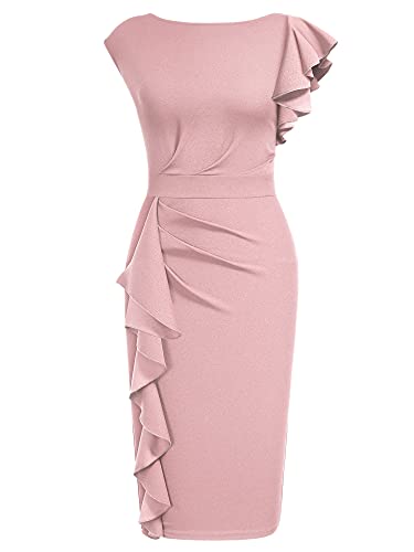 AISIZE Women's Pinup Vintage Ruffle Sleeves Cocktail Party Pencil Dress Small Pink