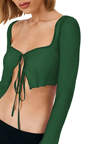 Remidoo Women's Sexy Sheer Mesh Tie Front Crop Top Long Sleeve See Through Cardigan Cover Up Shirt Hot Pink Large