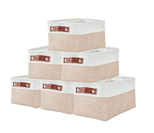 DECOMOMO Foldable Small Storage Bin | Rugged Canvas Fabric Basket Container W/ Leather Handles | Great for Organizing Closets, Offices, Nurseries and Homes (Grey and White, Small - 6 Pack)