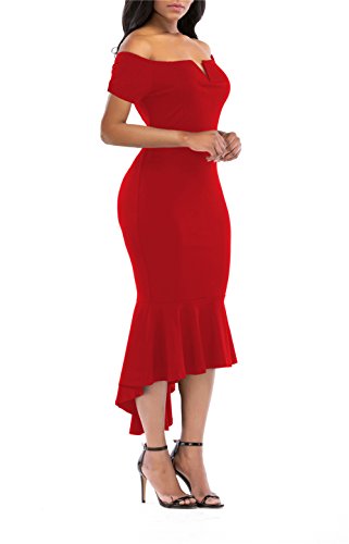 KISSMODA Formal Evening Party Midi Bodycon Dresses for Ladies Short Sleeve V Neck Design Fishtail Dress