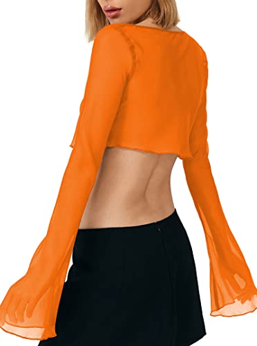 Remidoo Women's Sexy Sheer Mesh Tie Front Crop Top Long Sleeve See Through Cardigan Cover Up Shirt Hot Pink Large