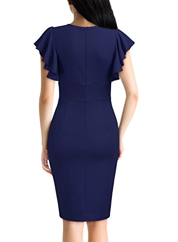 Knitee Women's Deep-V Neck Ruffle Sleeves Cocktail Party Pencil Slit Formal Dress (A-Black, Small)