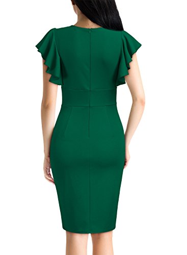 Knitee Women's Deep-V Neck Ruffle Sleeves Cocktail Party Pencil Slit Formal Dress (A-Black, Small)