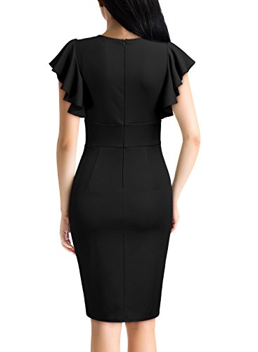 Knitee Women's Deep-V Neck Ruffle Sleeves Cocktail Party Pencil Slit Formal Dress (A-Black, Small)